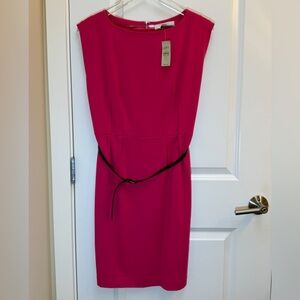 LOFT Fuchsia Midi Sleeveless Dress with Black Belt Size 12 Petite Valentines Day